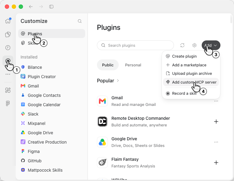 ChatGPT desktop app: 1 points to the plug icon in the left bar, 2 to Plugins, 3 to the Add button and 4 to Add custom MCP server in its menu.
