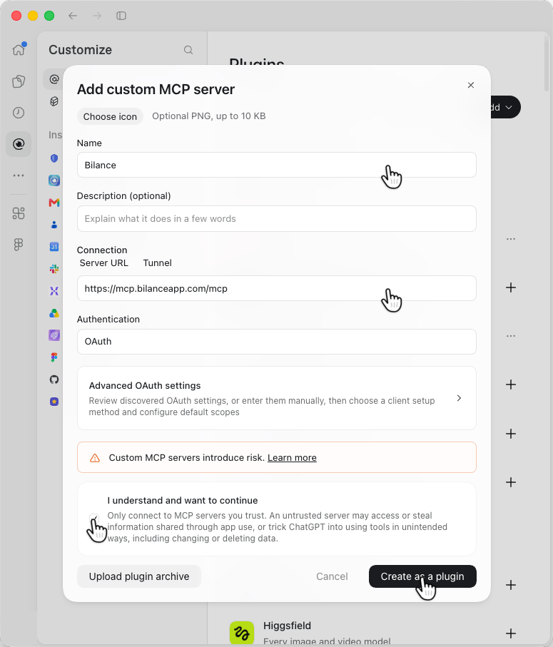 The ChatGPT desktop app with the Add custom MCP server form open: hands point to the name Bilance, the URL https://mcp.bilanceapp.com/mcp, the ticked I understand and want to continue, and Create as a plugin. Authentication is set to OAuth.
