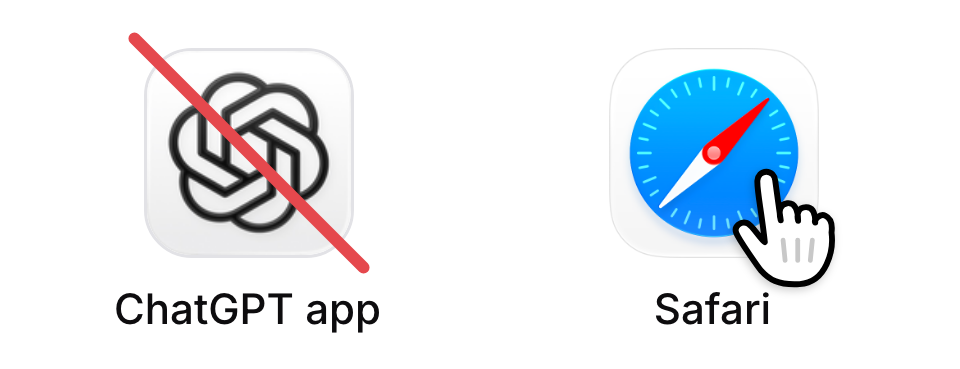 The ChatGPT app icon crossed out, next to the Safari icon with a hand tapping it.