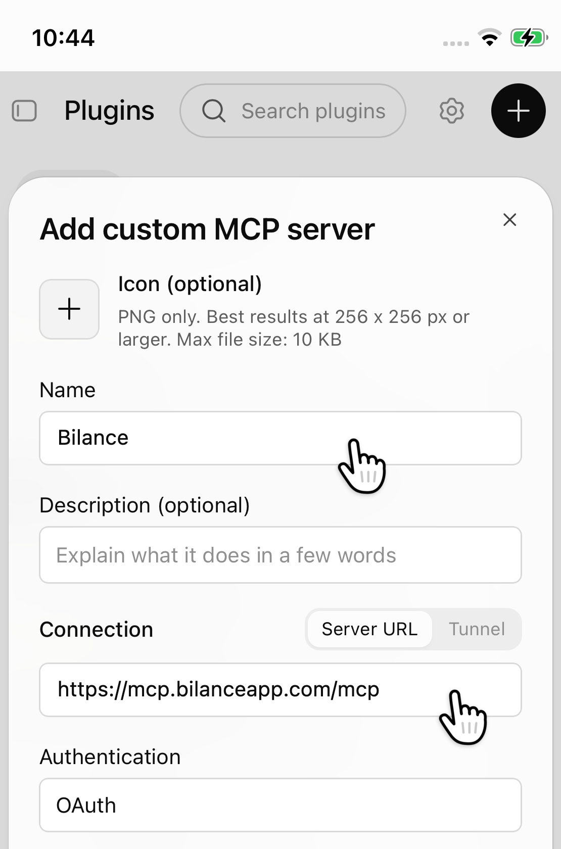 The Add custom MCP server form on a phone: hands point to the name Bilance and the server URL https://mcp.bilanceapp.com/mcp. Authentication is set to OAuth.