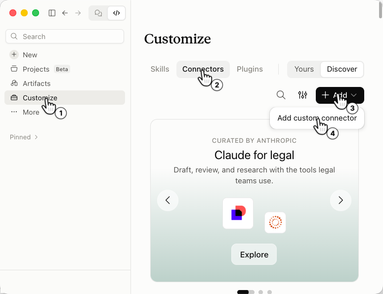 Claude desktop app: 1 points to Customize in the sidebar, 2 to the Connectors tab, 3 to the Add button and 4 to Add custom connector in its menu.