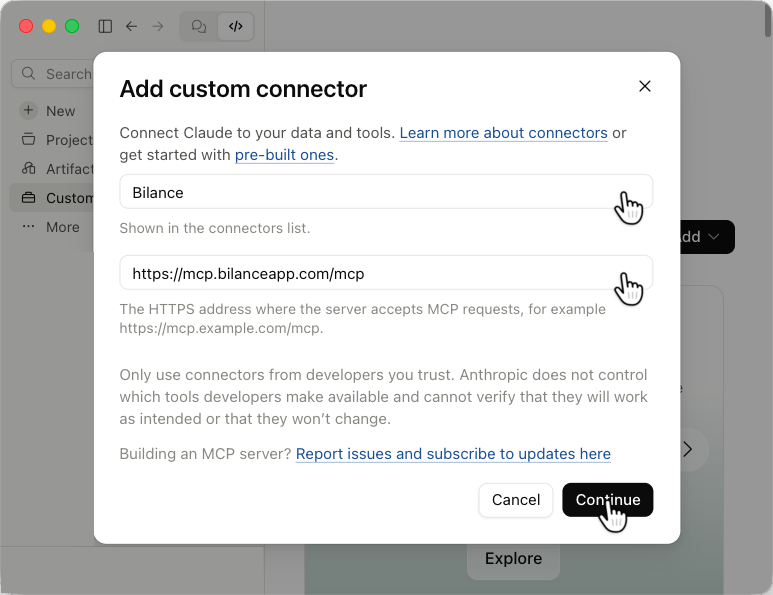 The Claude desktop app with the Add custom connector dialog open: hands point to the name Bilance, the URL https://mcp.bilanceapp.com/mcp and Continue.