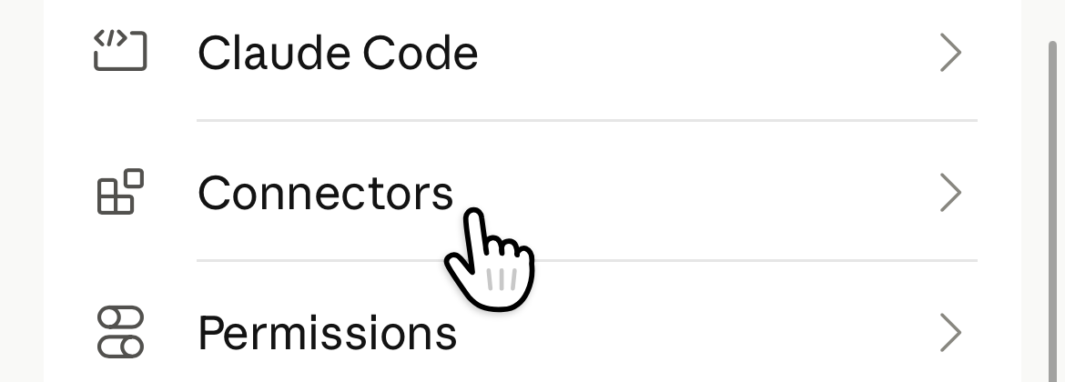 Claude phone app settings with a hand tapping Connectors.