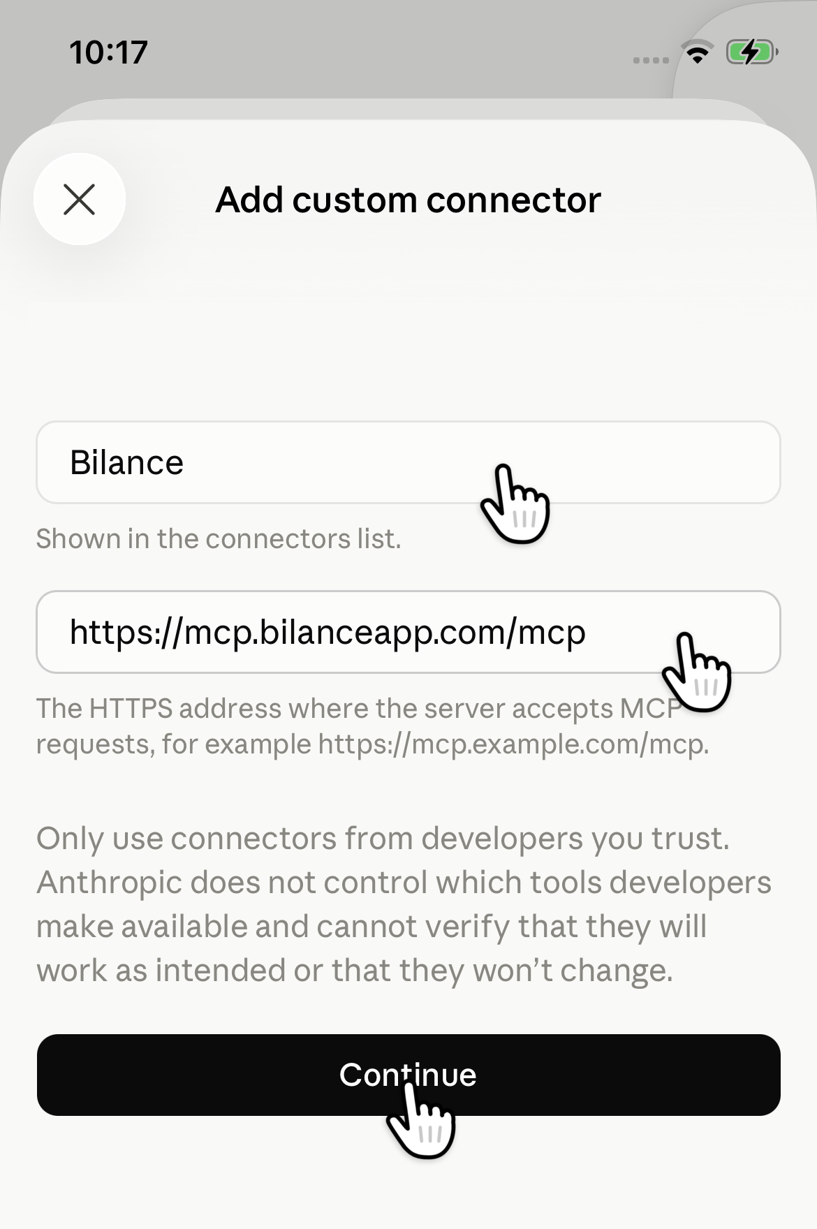 The Claude phone app form: hands point to the name Bilance, the URL https://mcp.bilanceapp.com/mcp and Continue.