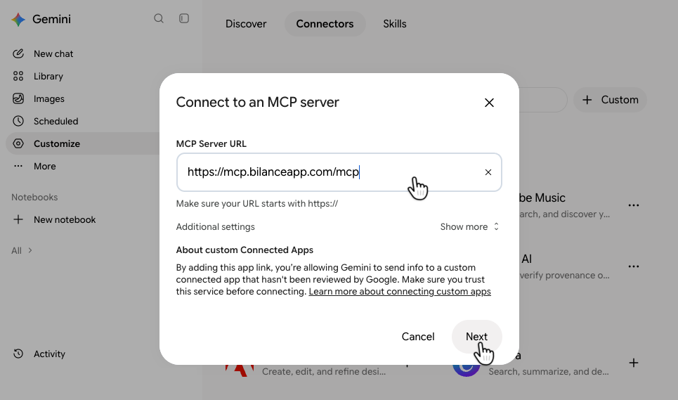 The Connect to an MCP server dialog in Gemini with https://mcp.bilanceapp.com/mcp in the MCP Server URL field, and hands pointing to the field and to Next.